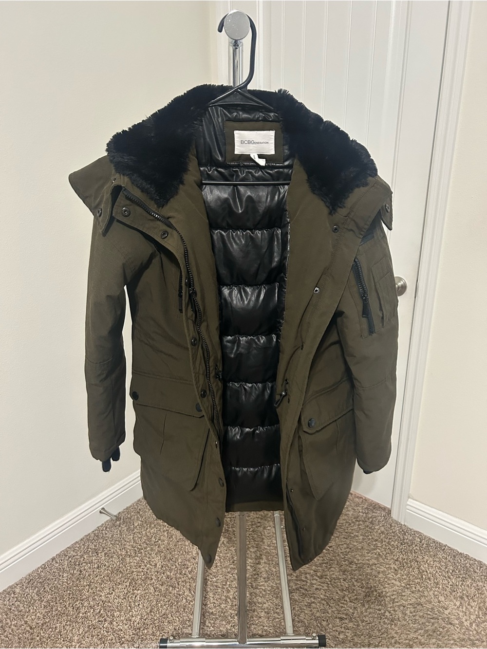BCBGeneration Olive Green Puffer Parka with Black Faux Fur Collar